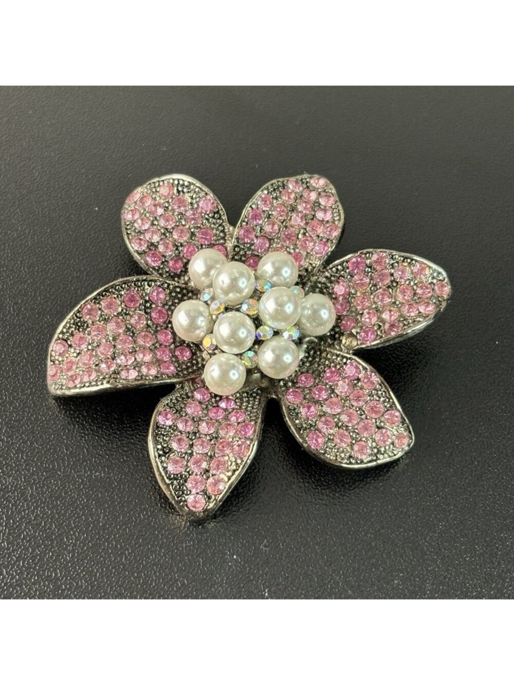 Vintage Flower Pink Rhinestone Faux Pearl Brooch Pin Floral 2.25"